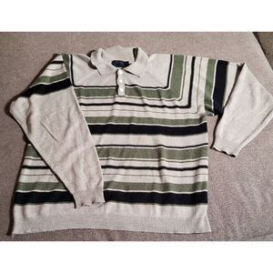 VTG Etchings Men Polo Long Sleeve Shirt Nerdcore Green Tan Black Striped Acrylic